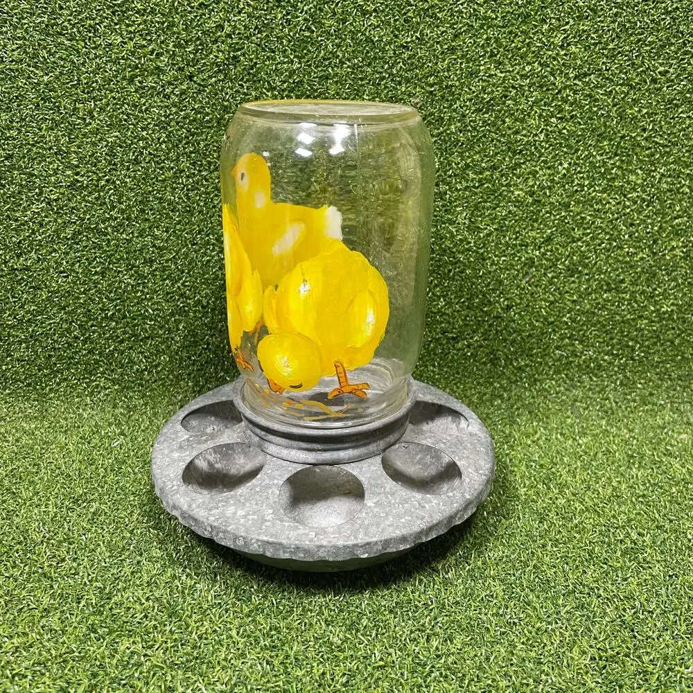 Vintage Galvanized Metal Base Glass Chick Waterer Feeder Farmhouse Decor
